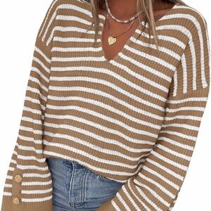 Striped V-Neck Sweater - Tan and White